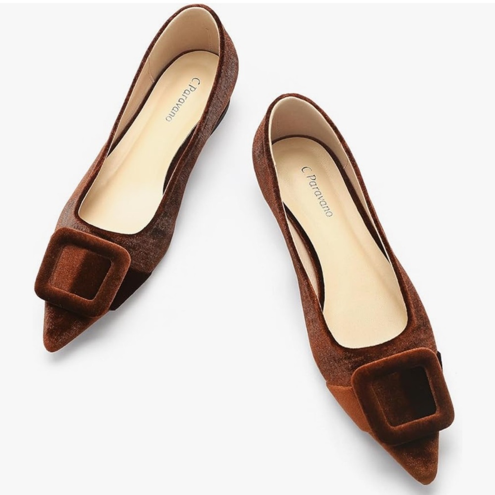 Pointed Velvet Buckle Flats in Brown by